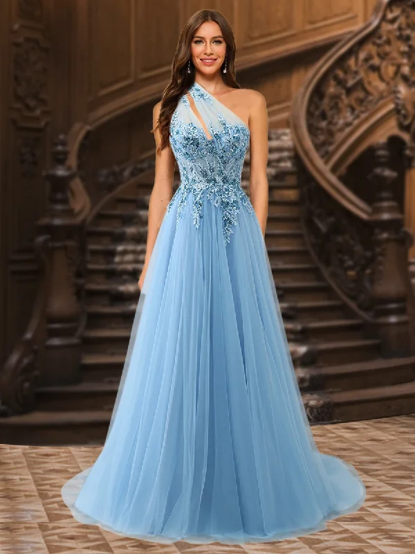 Women's Evening Outfit Modern Glamour A-Line/Princess One-Shoulder Sleeveless Tulle Evening Dresses with Appliques