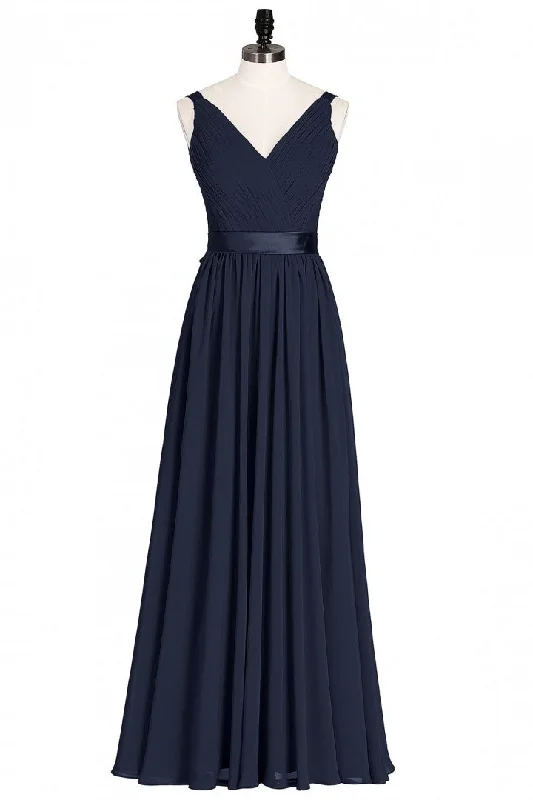 Women's Occasion Wear Clothes Contemporary Elegance Navy Blue V-Neck Tie-Back A-Line Long Bridesmaid Dress