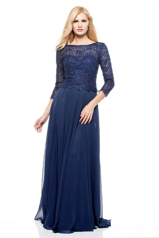 Women's Clothing With Trendy Designs Score Big on Glamorous Red - Carpet Styles Embroidered 3/4 Sleeve Top Gown In Blue