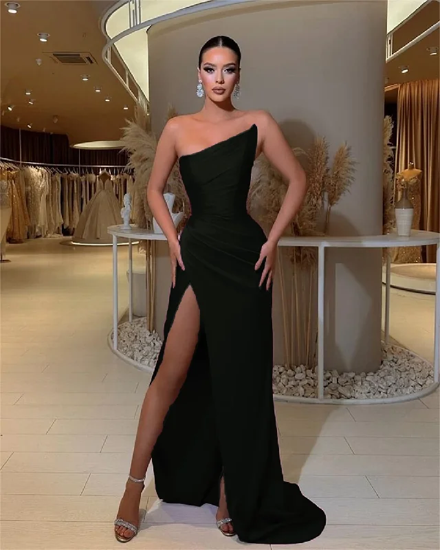 Charming Women's Clothes For Special Events Chic Sophistication Satin Strapless Mermaid Prom Dresses With Split Pleated Corset Sleeveless Backless Formal Evening Gown Long Bridesmaid Gown