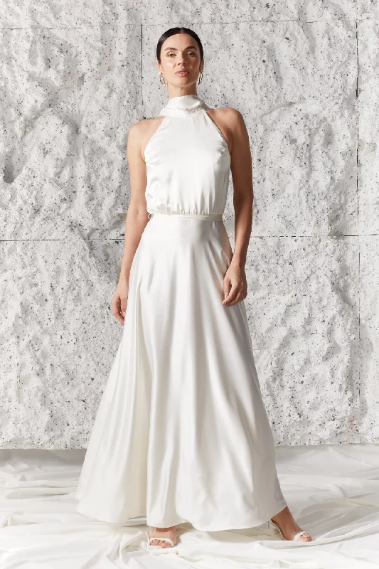 Women's Festive Attire Disco - Inspired Retro Dance Look NOMA white halter neck maxi wedding dress