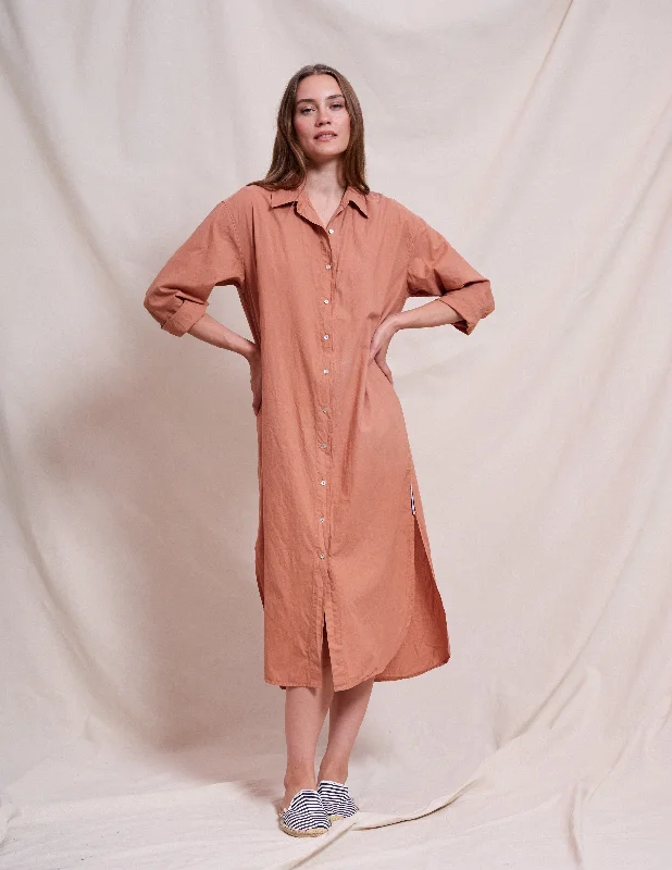 High-Fashion Women's Clothing Parisian Effortless Chic Style Sundry Midi Easy Shirt Dress in Vintage Rust