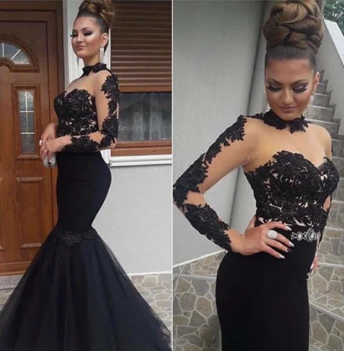 Women's Athleisure Apparel Disco - Inspired Retro Dance Look long sleeves mermaid evening dress, elegant black long prom dress, lace appliques formal dress  cg3257