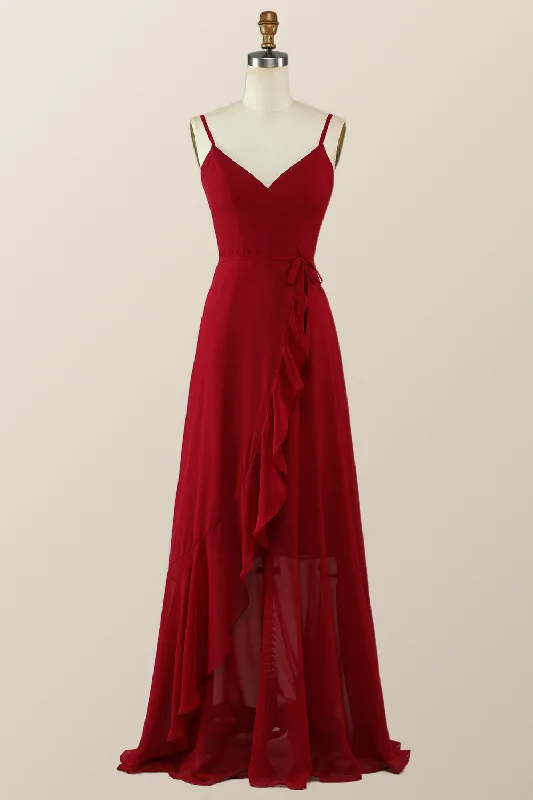 Casual Garments For Women Weekend Special Straps Wine Red Chiffon Ruffle A-line Long Bridesmaid Dress