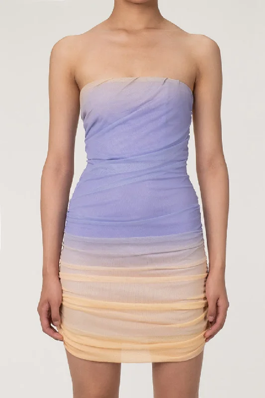 Women's Everyday Apparel Fashion-Forward Style Romantic Ombre Tie Dye Strapless Ruched Bodycon Mesh Party Mini Dress