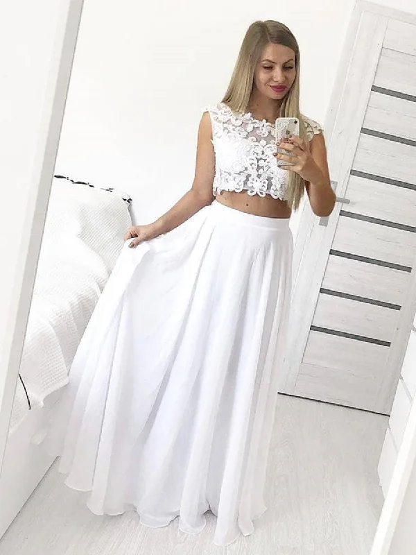 Women's Vacation Outfit Seasonal Trend A Line Round Neck Two Pieces Lace White Prom Dresses, Round Neck Two Pieces Lace White Formal Graduation Evening Dresses, 2 Pieces White Lace Bridesmaid Dresses