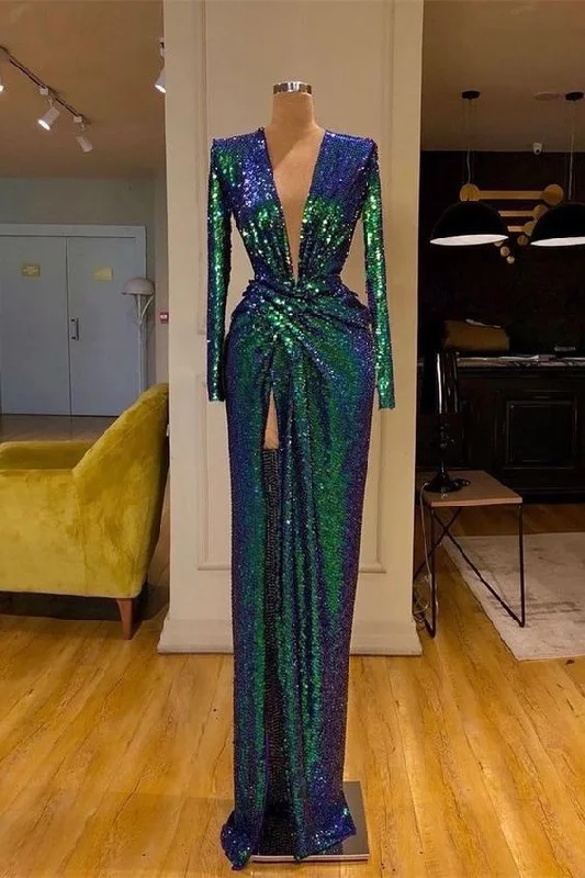 Women's Trendy Attire Coastal Beach - Inspired Style Chic Teal Sequined Sheath Prom Party Dress V Neck Long Sleeves With Slit   cg18422