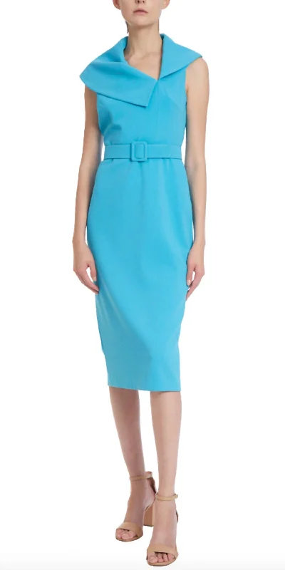 Casual Garments For Women Romantic Flair Belted Sheath Cocktail Gown With Portrait Collar In Turquoise