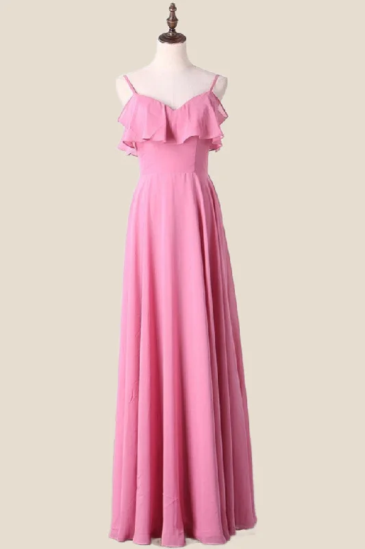 Women's Professional Garments Timeless Elegant Cold Shoulders Pink Chiffon Ruffles A-line Bridesmaid Dress