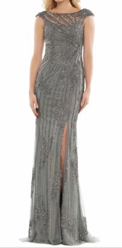 Formal Attire For Women Art Deco Geometric Pattern Look Beaded Lace Tulle Gown In Grey