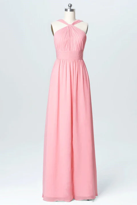 Stylish And Comfortable Clothing For Women Bohemian Vibe Pink Chiffon Halter Backless A-Line Long Bridesmaid Dress