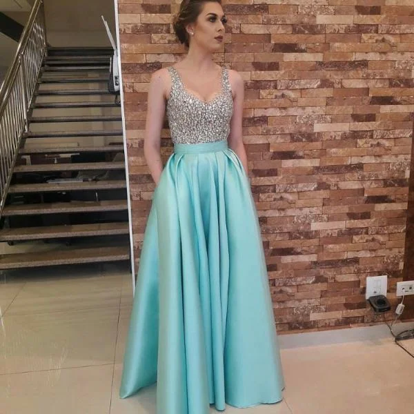 Women's Transitional Apparel Bold Silhouette Elegant Blue Silver A Line Long satin Beaded Prom Dresses Evening Formal Gowns for women