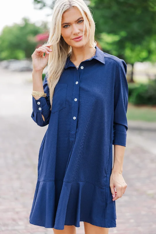 Comfortable Outfit For Women Feminine Allure Share Your Story Navy Blue Shirt Dress