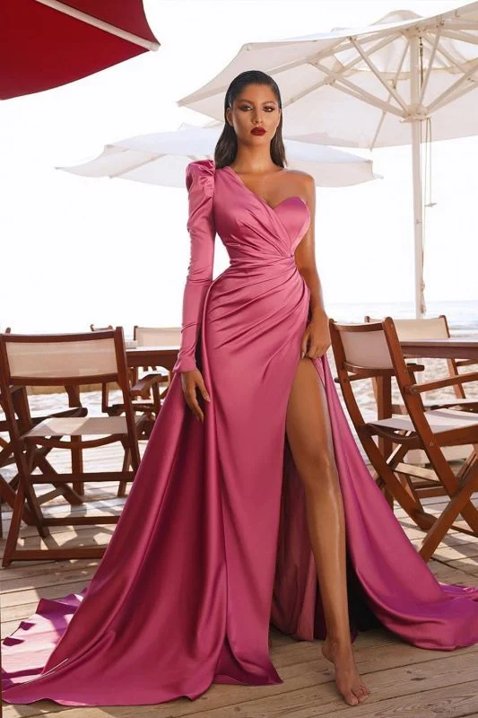 Charming Women's Outfit For Special Occasions Refined Simplicity Gorgeous One Shoulder Long Sleeve Prom Dress With Split    cg19057