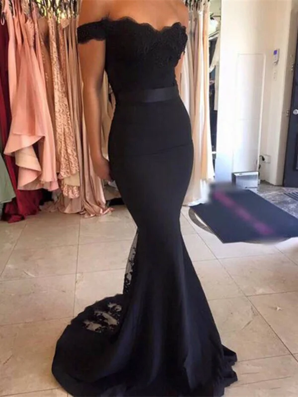 Women's Elegant Evening Outfit Ethnic Cultural Event Wear Off Shoulder Black Lace Mermaid Prom Dresses, Black Lace Mermaid Bridesmaid Dresses