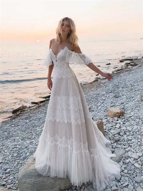 Casual Apparel For Women Fashion-Forward Style Spaghetti Long A-line Lace Wedding Dresses, Beach Wedding Dresses, Popular Wedding Dresses